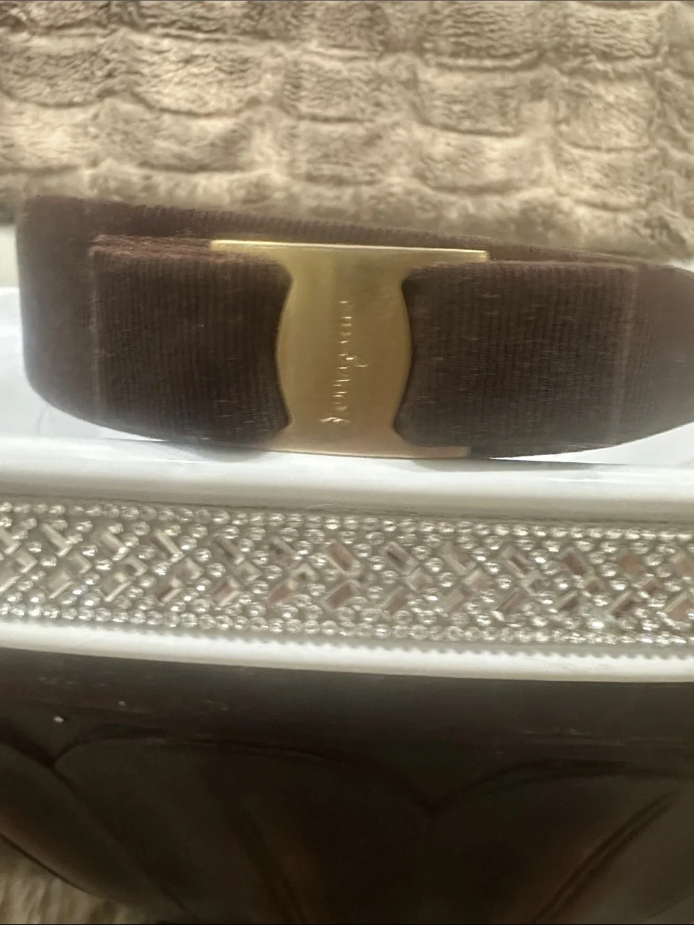 SALVATORE FERRAGAMO Brown Grosgrain Bow Headband with Gold FERRAGAMO Plaque